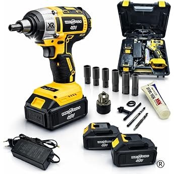 Chave de Impacto e Furadeira 48V Brushless com 2 Baterias 4Ah, Soquetes e Maleta