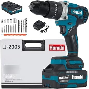 Parafusadeira e Furadeira de Impacto Hanabi Brushless 21V 44Nm com 2 Baterias e Maleta