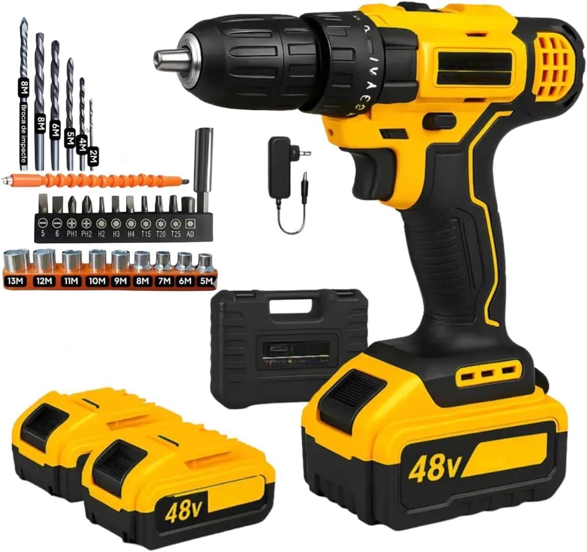 Parafusadeira Furadeira 48V Sem Fio com Impacto e Kit Completo