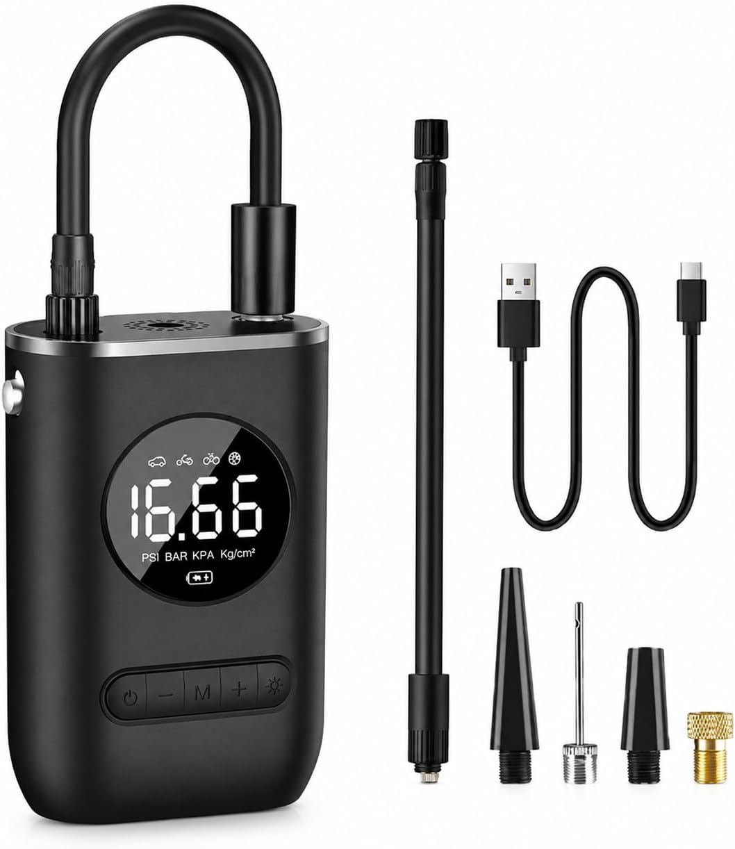 Compressor de Ar Portátil Digital LCD com Lanterna LED Recarregável
