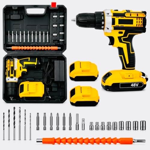 Parafusadeira e Furadeira 48V Sem Fio com Impacto Mandril 10mm Torque 32Nm 2 Baterias Kit Completo